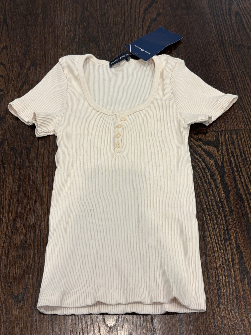 NWT Brandy Melville Cream Ribbed Henley Short Sleeve Tee One Size